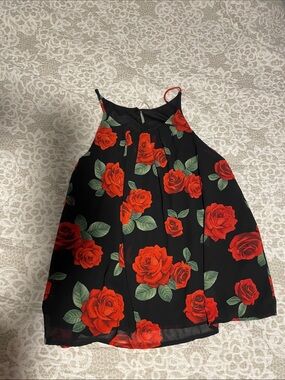 DNA couture Black Halter Tank with Red Rose Print